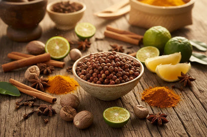 Assorted whole spices, lime, and turmeric on rustic wooden table with bowl of peppercorns