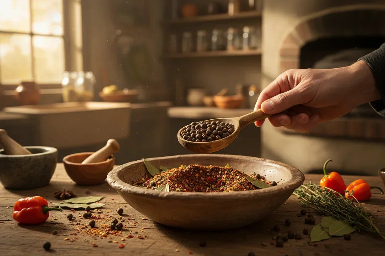Hand holding spoon of black peppercorns over a rustic bowl of mixed spices, herbs, and peppers