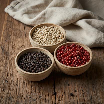Three ceramic bowls with black, white and red Kampot Pepper PGI peppercorns on a rustic wooden surface