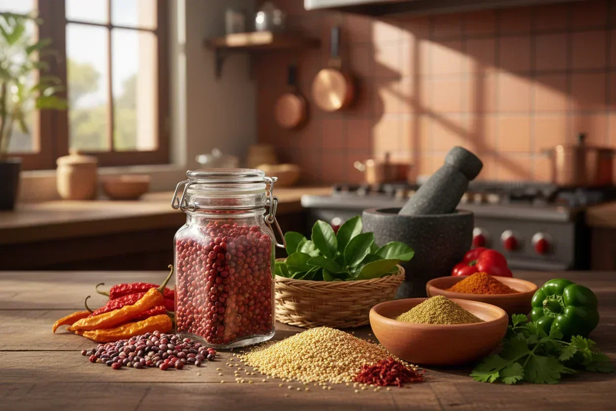 Jar of Kampot peppercorns, dried chilies, assorted spices and fresh herbs on wooden kitchen table