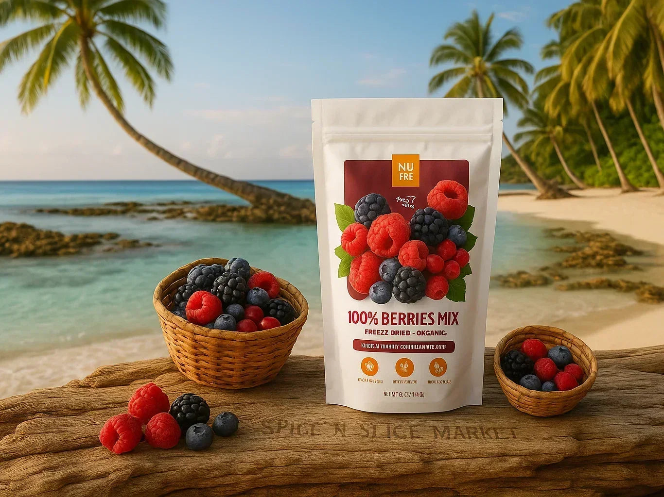 Organic freeze dried berries mix package with fresh berries on tropical beach