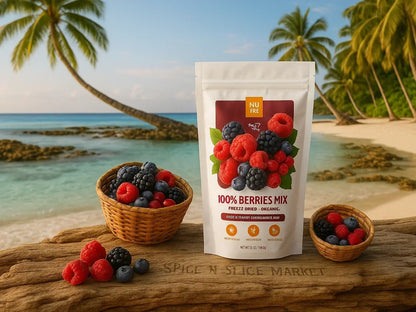 Organic freeze dried berries mix package with fresh berries on tropical beach