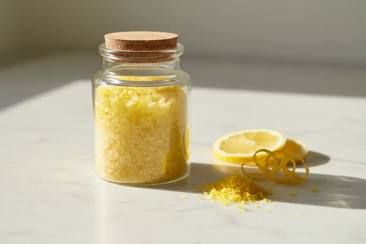 Yellow Lemon Salt Flakes in glass jar with fresh lemon