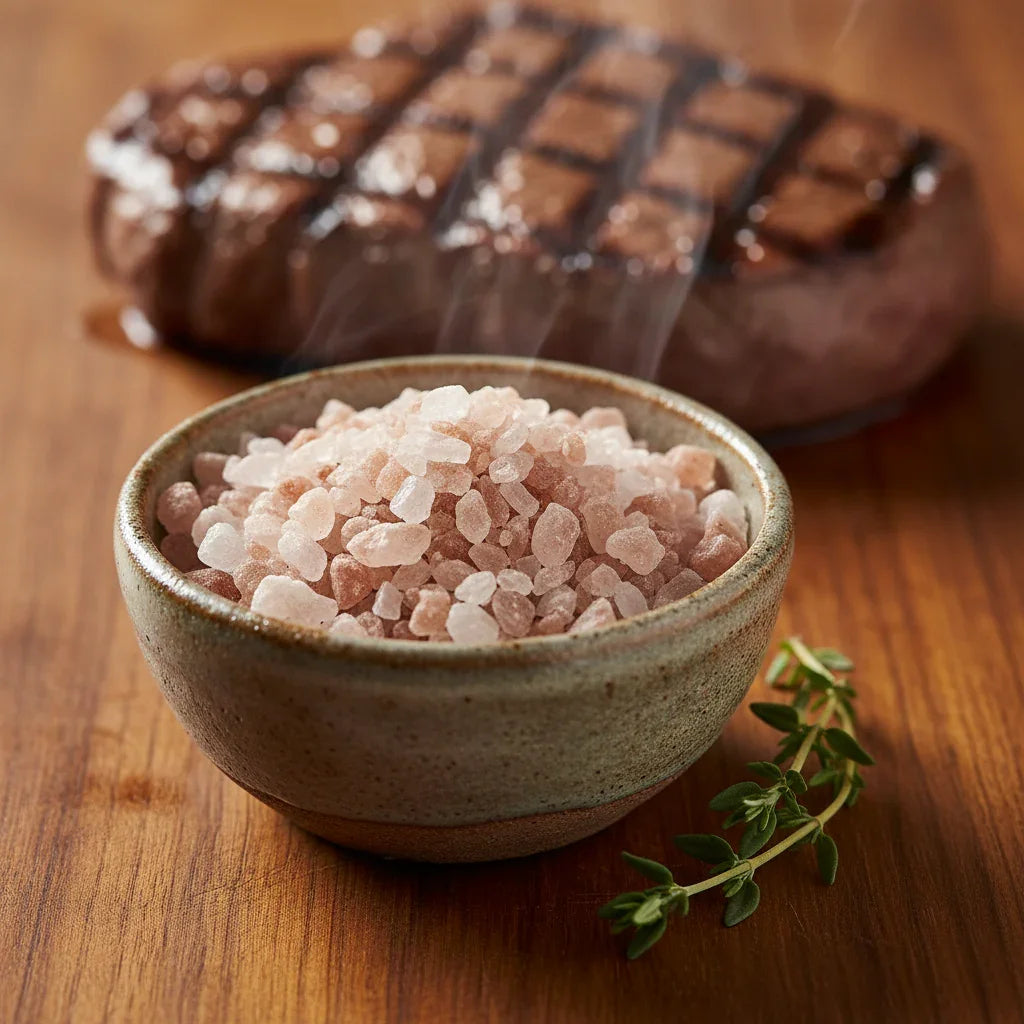 Beech smoked salt coarse crystals in ceramic bowl with thyme and grilled steak