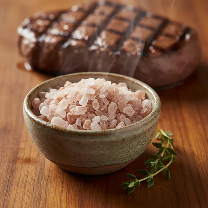 Beech smoked salt coarse crystals in ceramic bowl with thyme and grilled steak