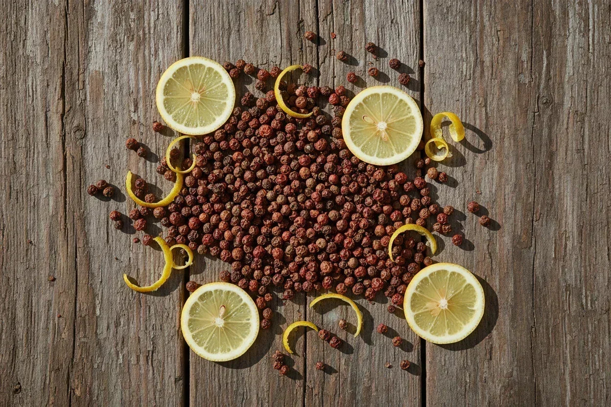 Kampot peppercorns with lemon slices and zest on rustic wooden background
