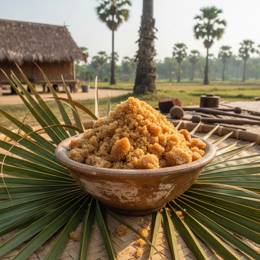 Organic Kampong Speu palm sugar crystals in handmade clay bowl surrounded by palm leaves