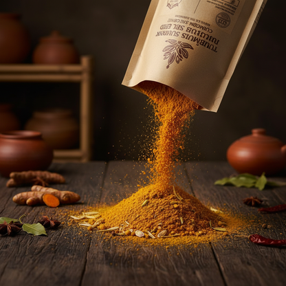 Tukmeric sauce mix wholesale bulk pouring from kraft paper bag on dark wooden surface