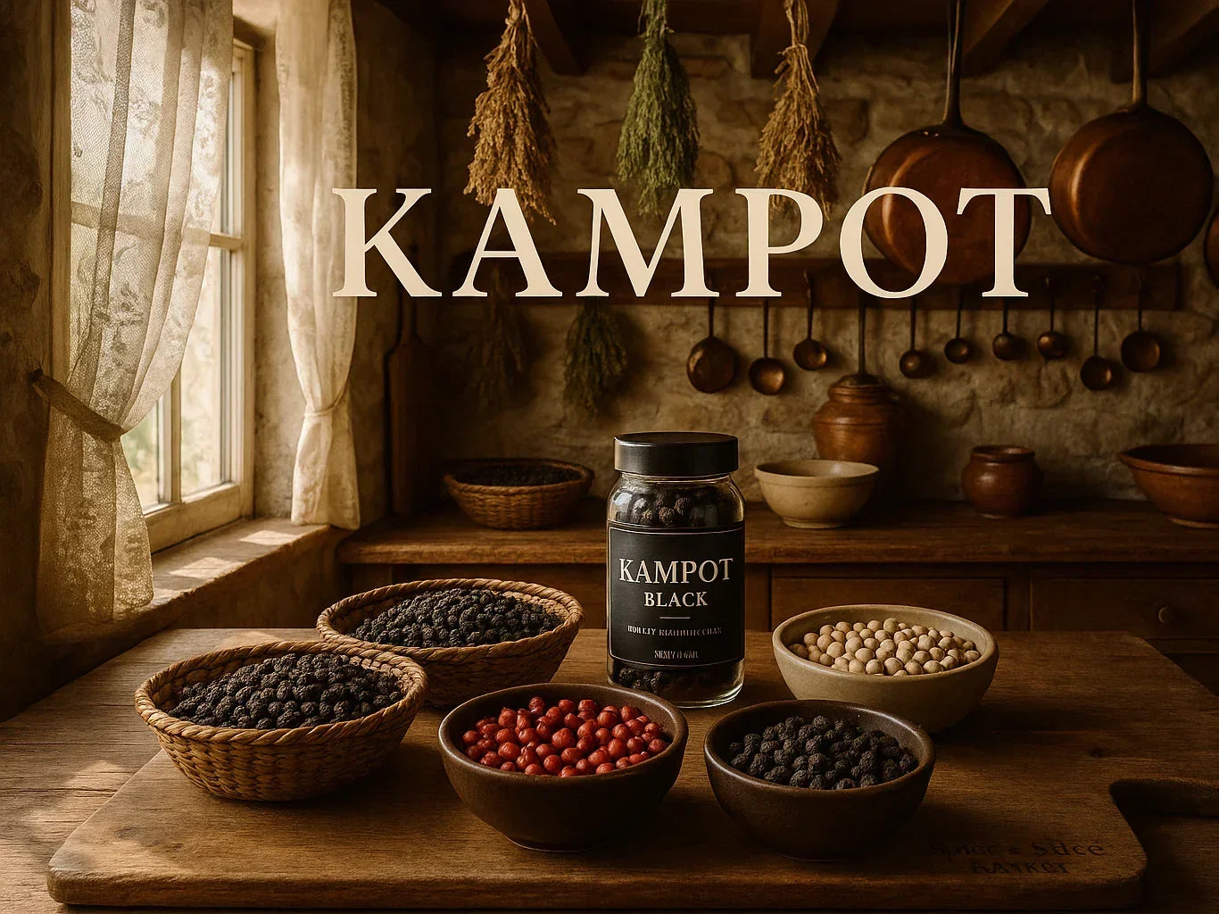 Assorted Kampot peppercorns and jar on rustic kitchen table with natural light