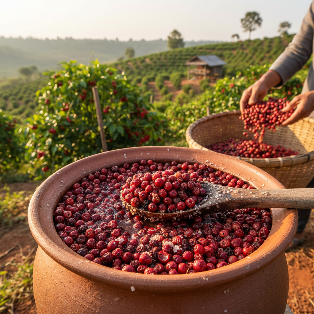 Red fermented Kampot pepper with salt brine in traditional clay pot rural Cambodia farm