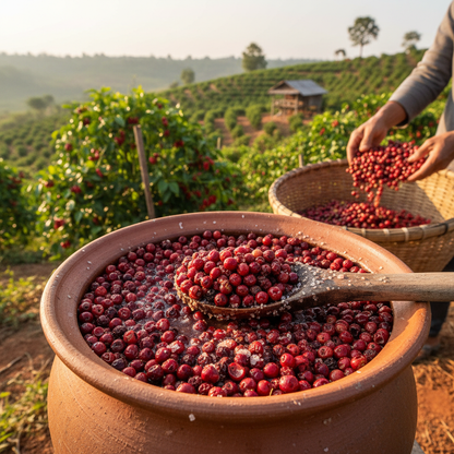 Red fermented Kampot pepper with salt brine in traditional clay pot rural Cambodia farm