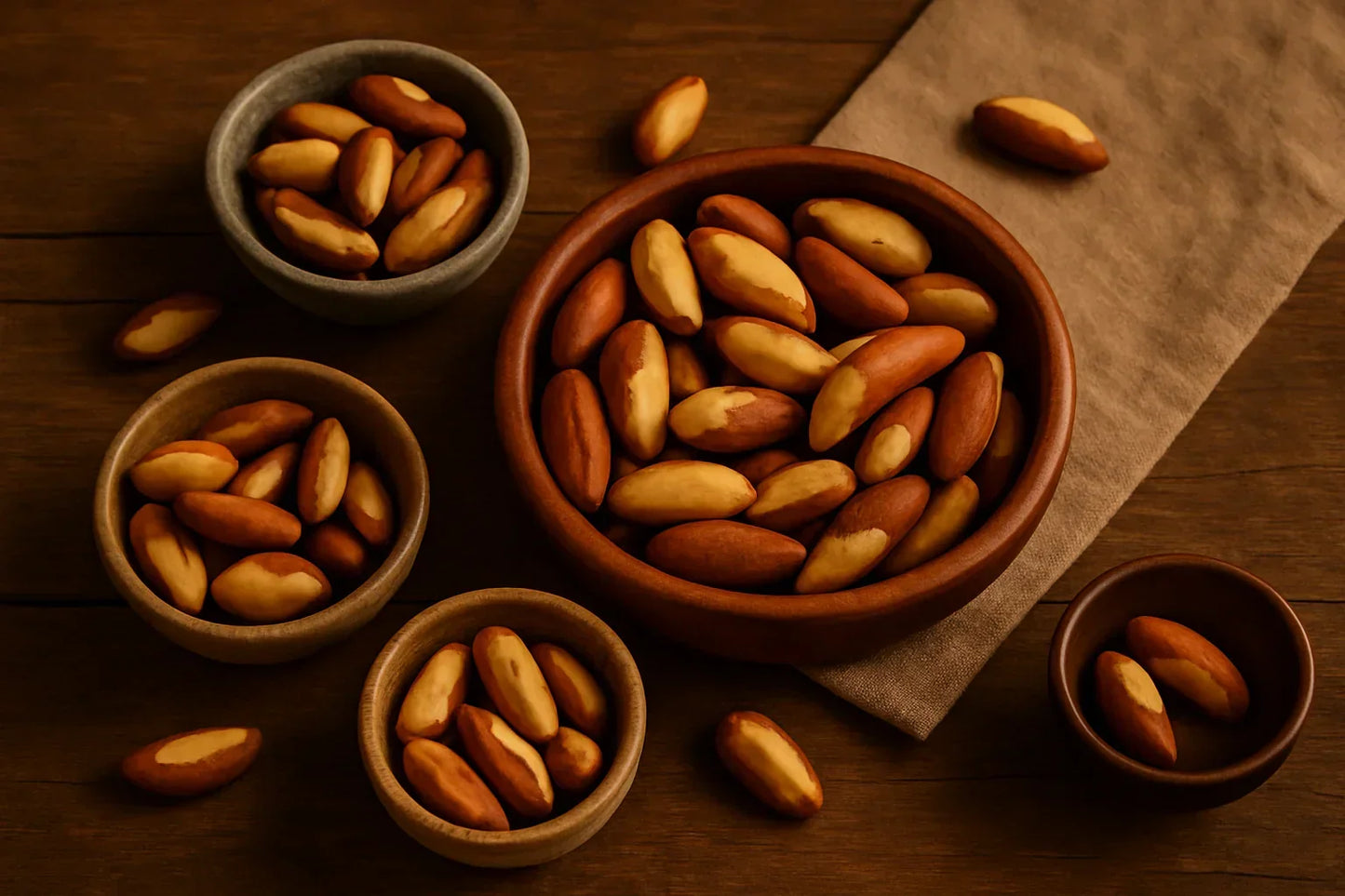 Assorted bowls of Brazil nuts on a rustic wooden table with beige cloth.