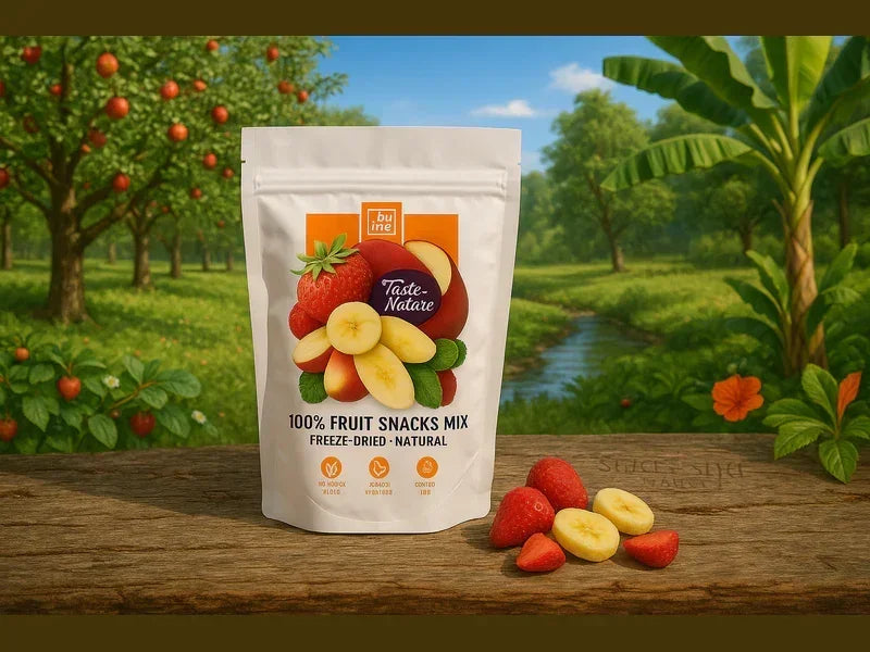 Freeze-dried fruit snacks mix with strawberries and bananas on table, orchard background
