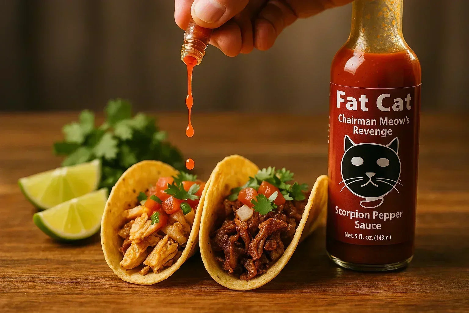 Hand pouring hot scorpion pepper sauce onto tacos with fresh lime and herbs