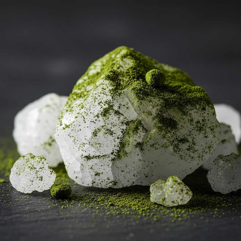 Matcha Gourmet Salt crystals macro close-up with vibrant green matcha powder