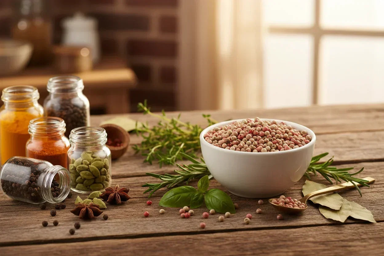 White peppercorns in bowl with assorted spices, cardamom, star anise, bay leaves and herbs