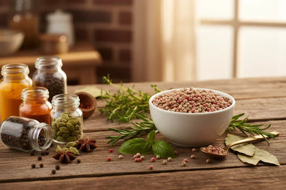 White peppercorns in bowl with assorted spices, cardamom, star anise, bay leaves and herbs