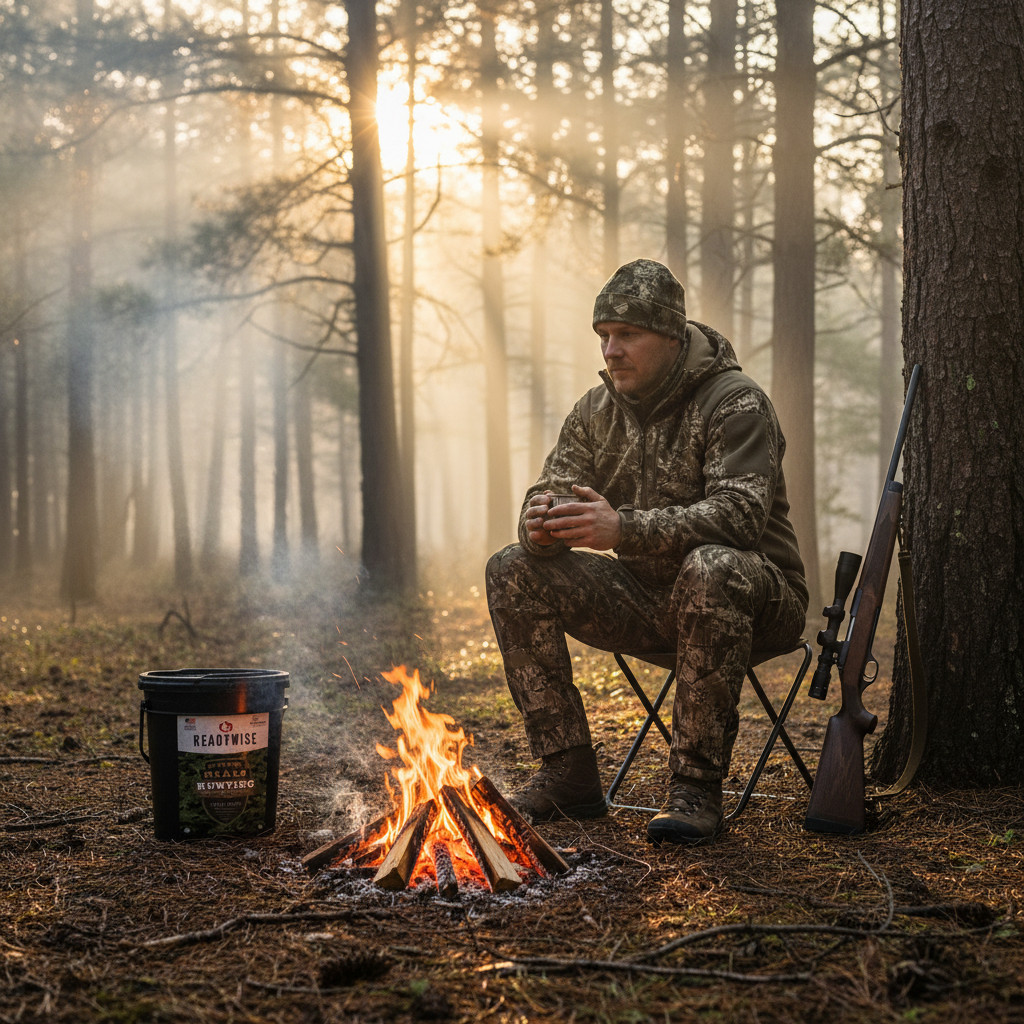 Hunter in camouflage at dawn campfire in misty forest with ReadyWise 3-day hunting meal kit bucket