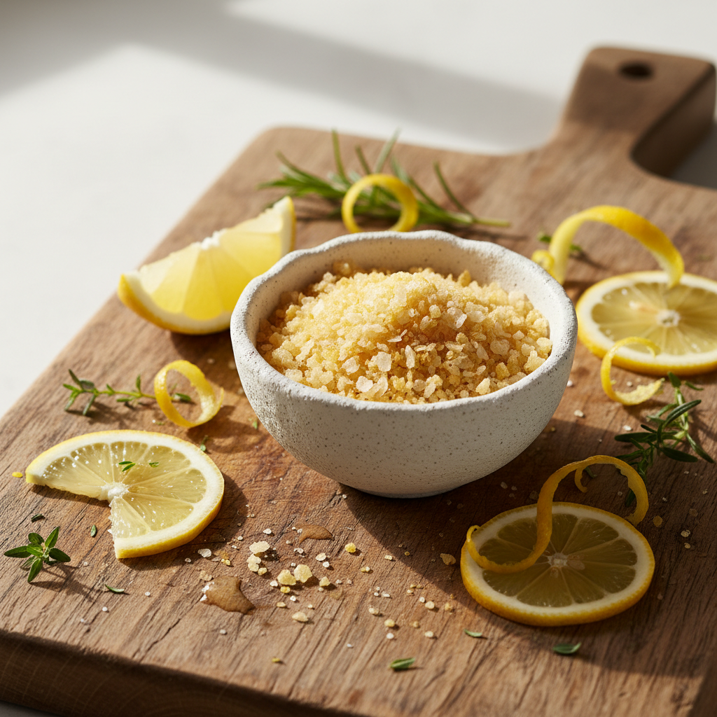 Lemon Salt Flakes in ceramic bowl on rustic wooden board with fresh lemon slices and herbs