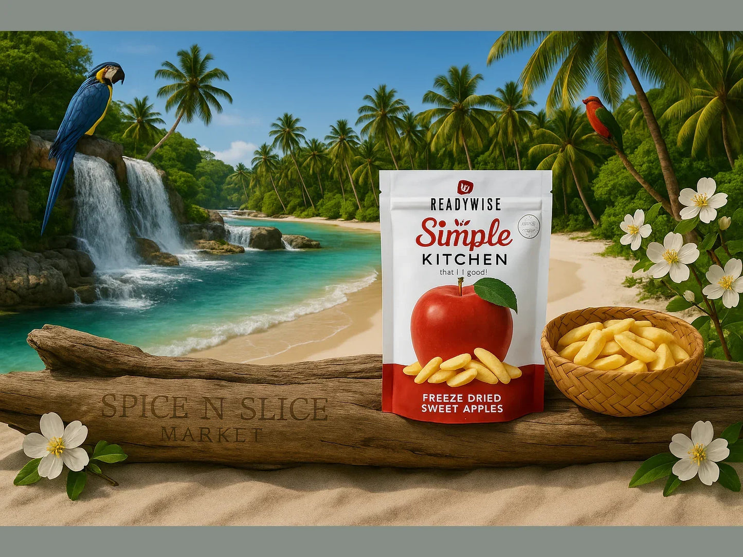 Freeze dried sweet apples in a pouch and basket on a tropical beach with waterfall, flowers, and parrots.