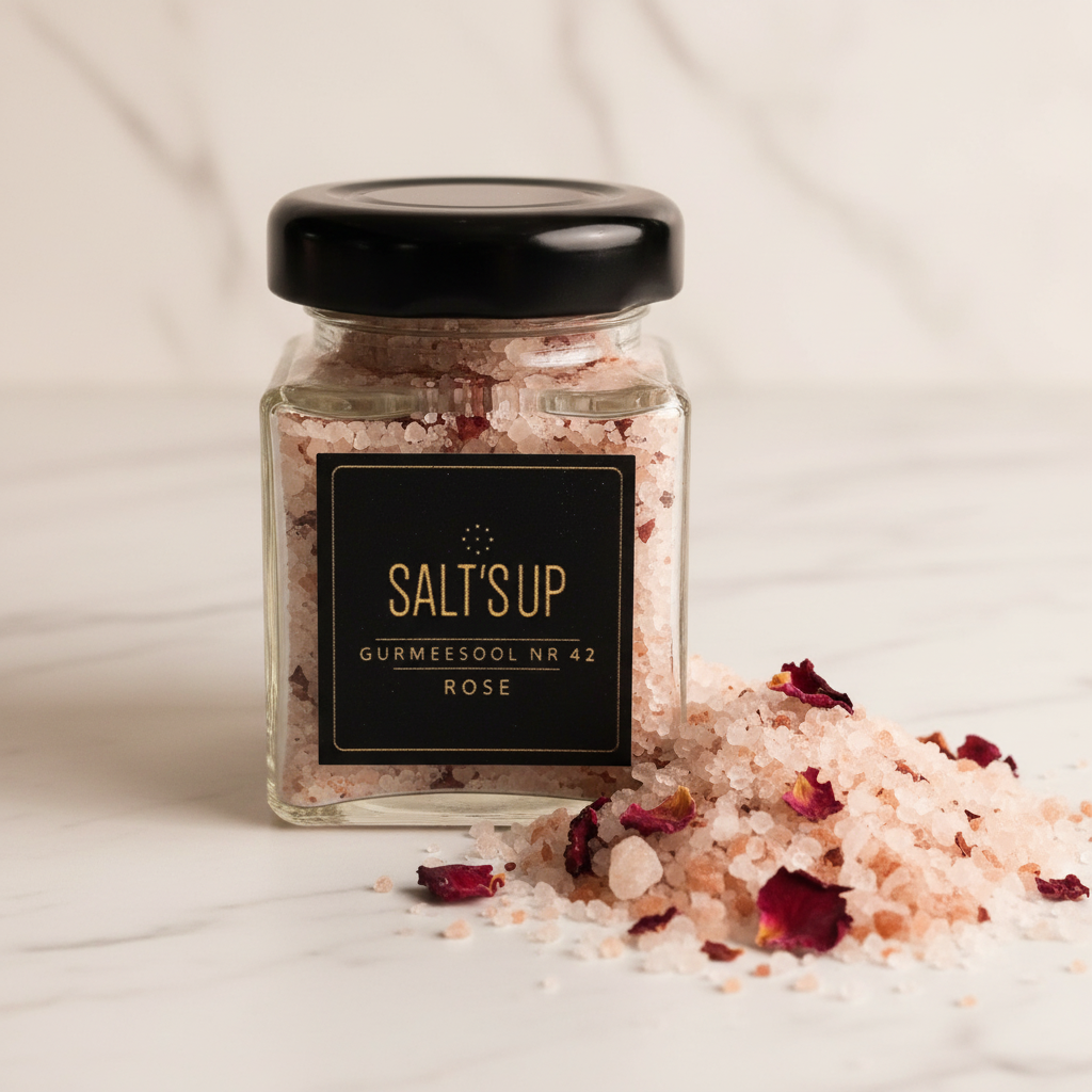Rose gourmet salt blush-pink crystals macro close-up with dried rose petals on white marble