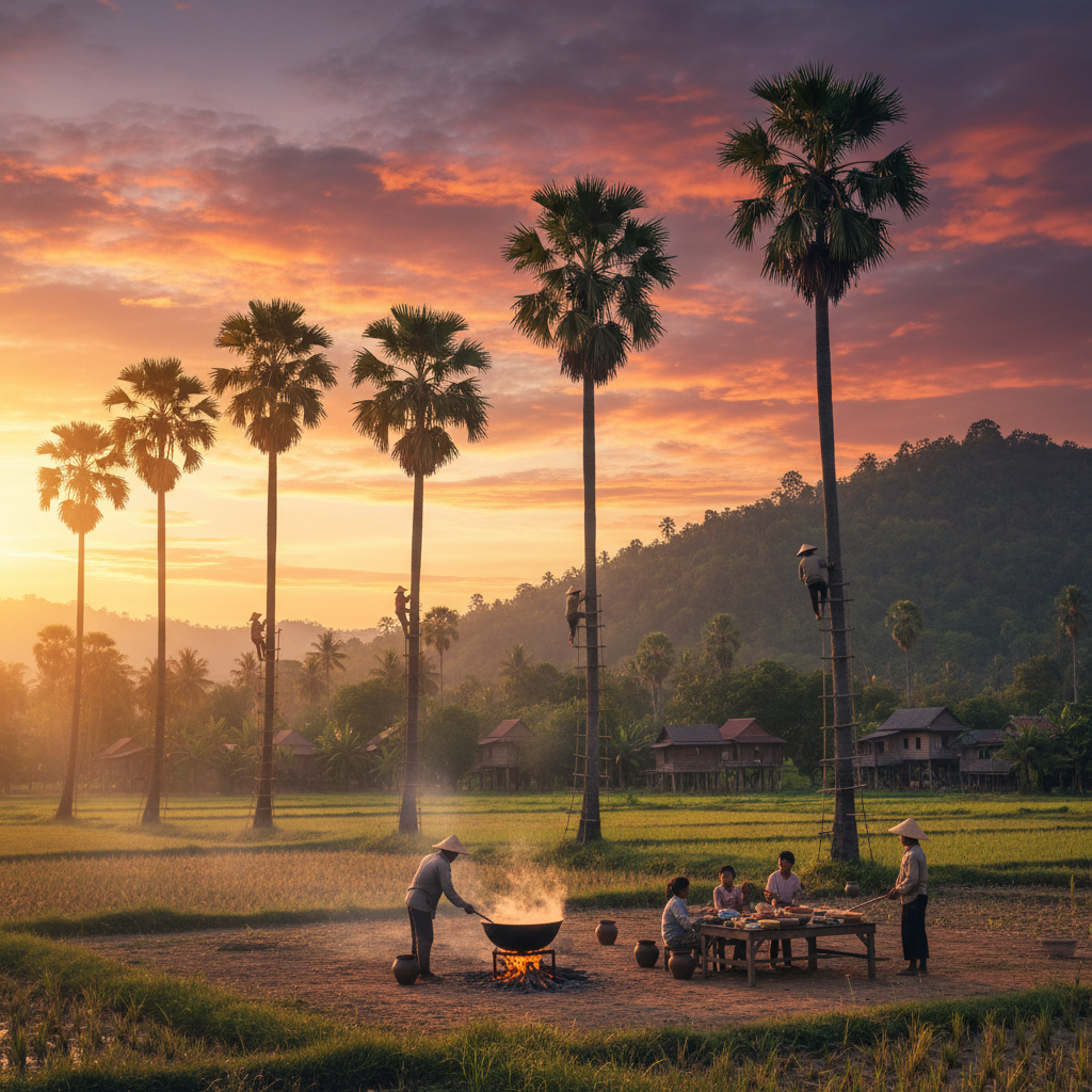Cambodian palm sugar farm workers harvesting sap from sugar palm trees at sunset