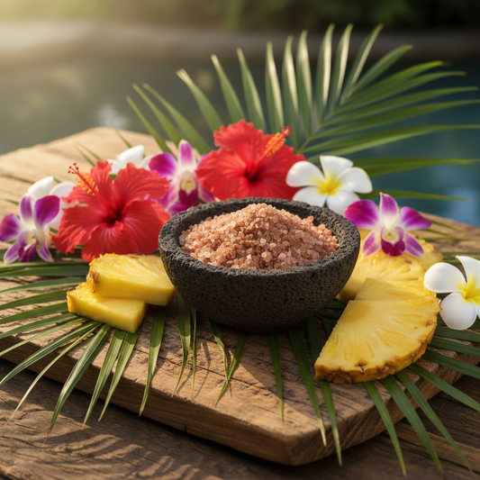 Alaea Hawaiian red coarse salt in lava rock bowl on rustic wooden board with tropical flowers and pineapple