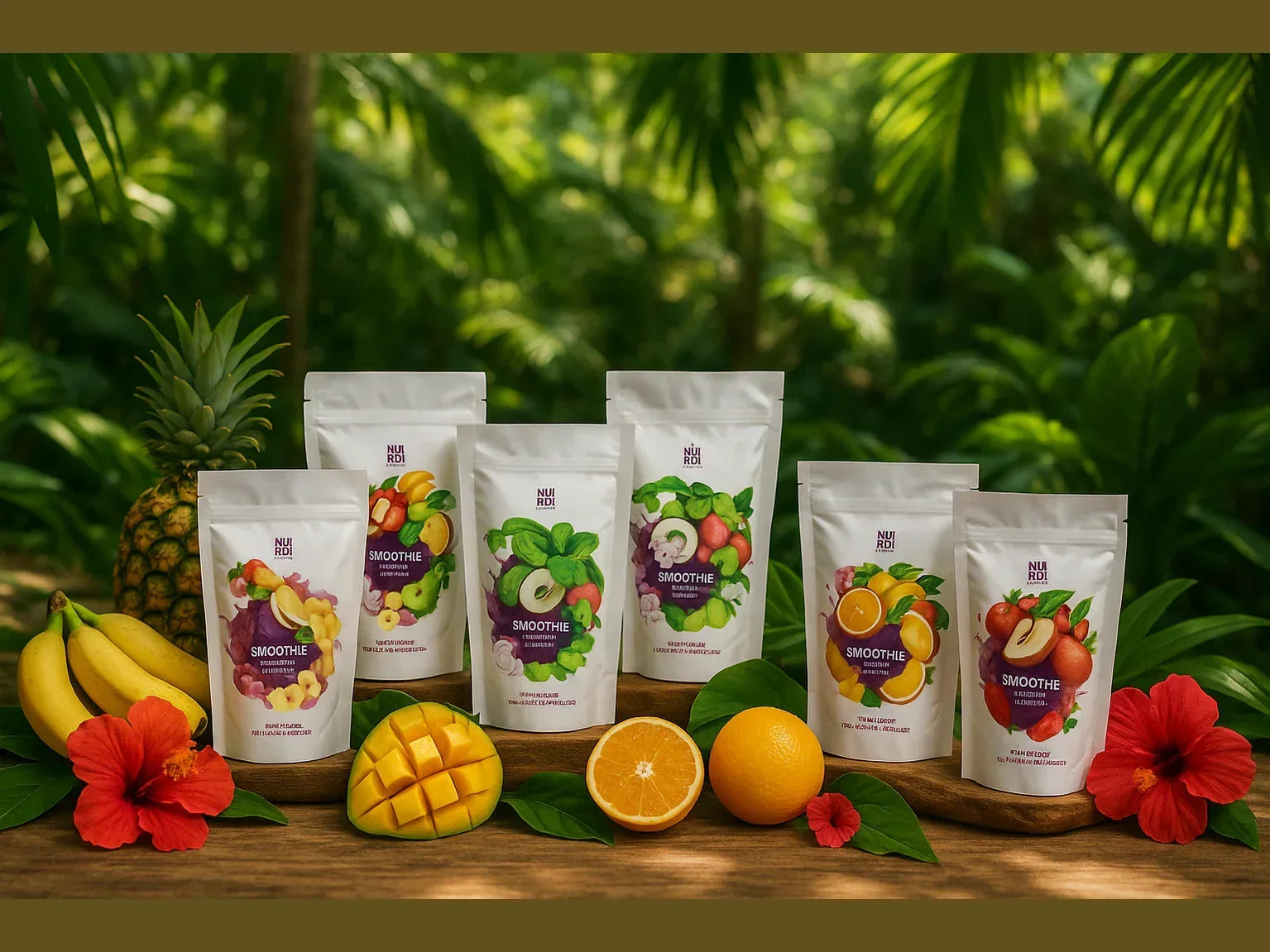 Assorted smoothie powder pouches with tropical fruits and flowers on a wooden table outdoors