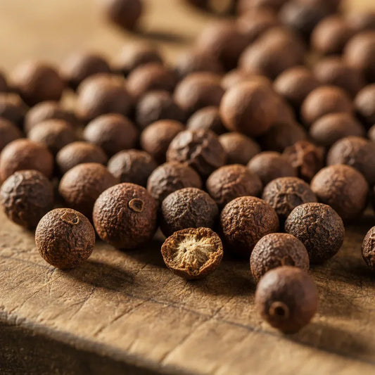 Whole dried peppercorns on a rustic wooden surface, organic spice close-up