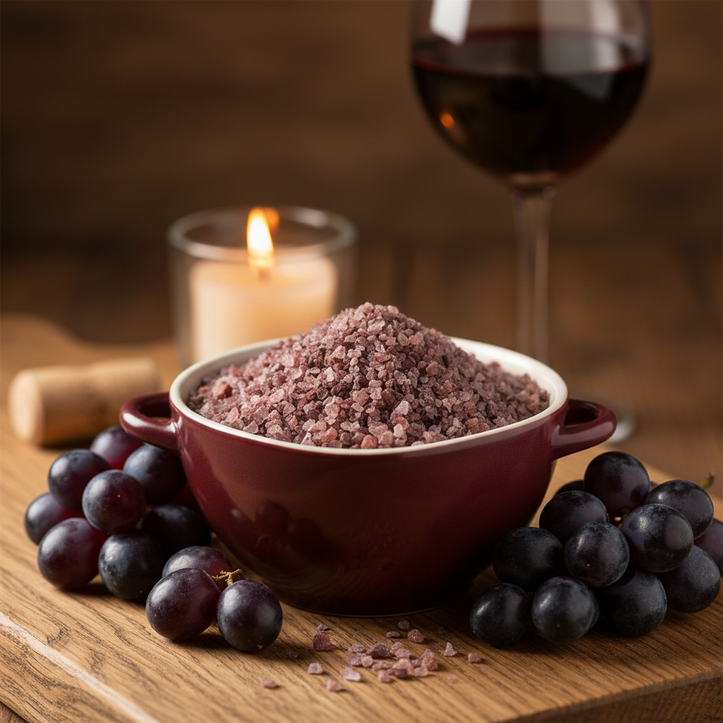 Red Wine Gourmet Salt in burgundy ceramic bowl on oak board with red wine grapes and glass of red wine