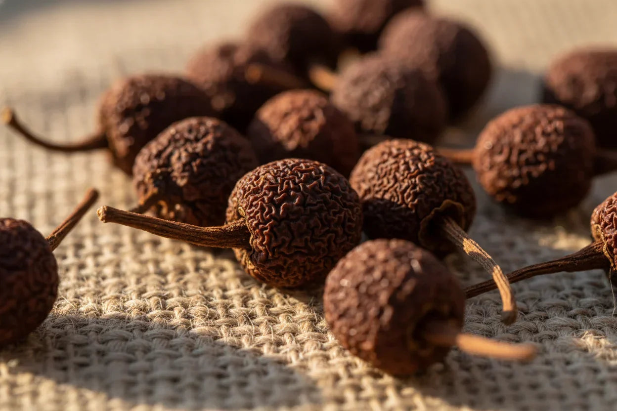 Whole Kampot pepper berries on burlap, Spice n Slice Market premium PGI pepper