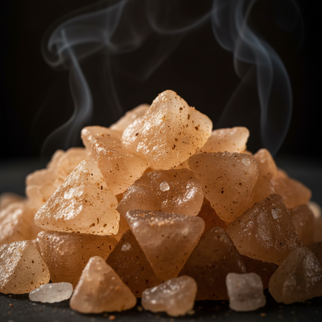 Smoked Beech Salt Flakes crystals macro close-up with warm golden smoky tones