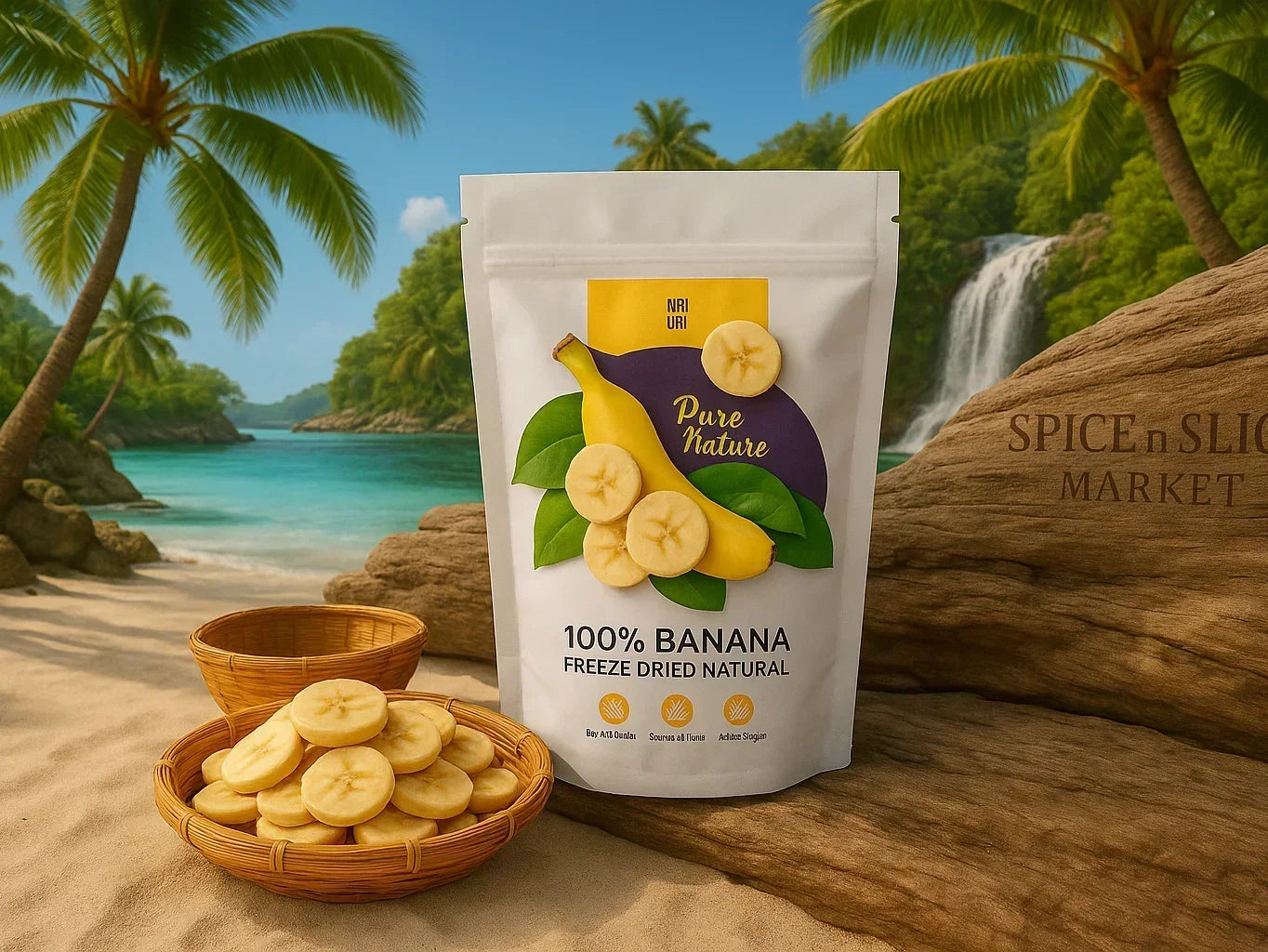 Freeze dried banana slices in a bowl and a pouch on a tropical beach with palm trees and waterfall