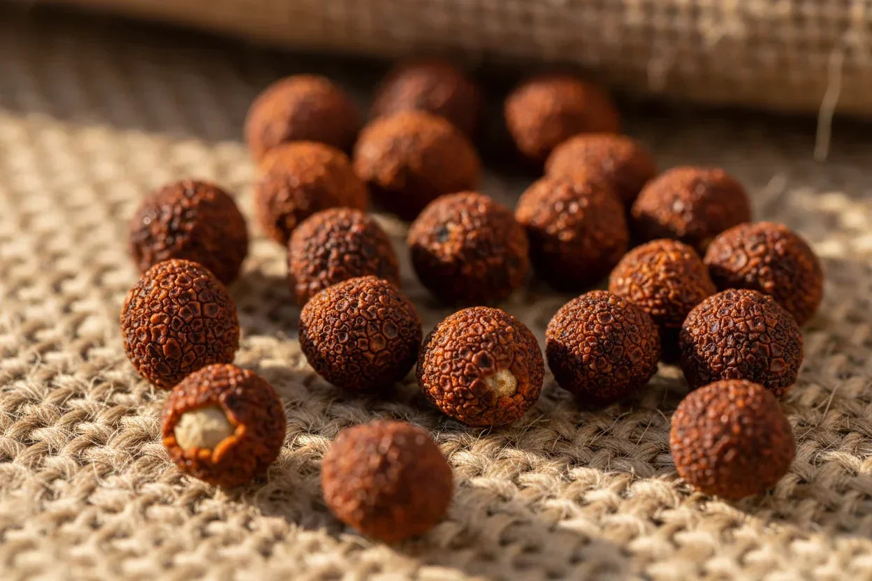 Whole dried Kampot peppercorns on burlap fabric in natural light