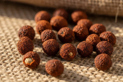 Whole dried Kampot peppercorns on burlap fabric in natural light