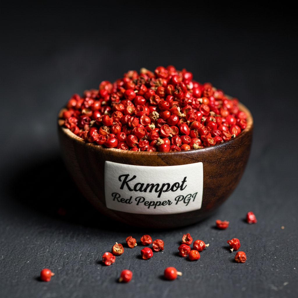 Kampot red pepper PGI peppercorns in rustic wooden bowl on dark slate dramatic lighting