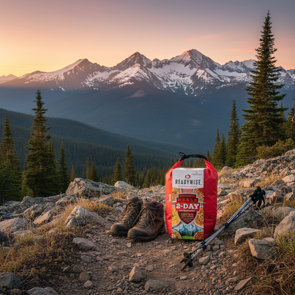 ReadyWise 2 Day Adventure Bag freeze-dried food kit on mountain hiking trail with golden hour light