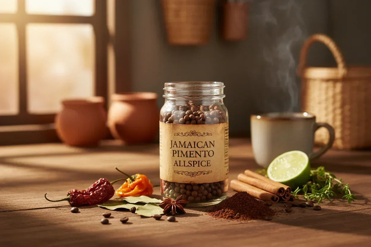 Jar of Jamaican pimento allspice with whole spices, herbs, chili peppers, and coffee mug on rustic table
