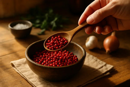 Hand holding wooden spoon with red Kampot peppercorns over rustic bowl, garlic and onion nearby