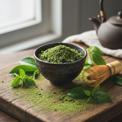 Matcha Gourmet Salt in dark ceramic bowl on rustic wooden board with matcha powder and bamboo whisk