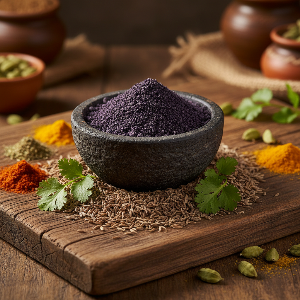 Kala Namak black salt in dark stone bowl on rustic wooden board with Indian spices and coriander