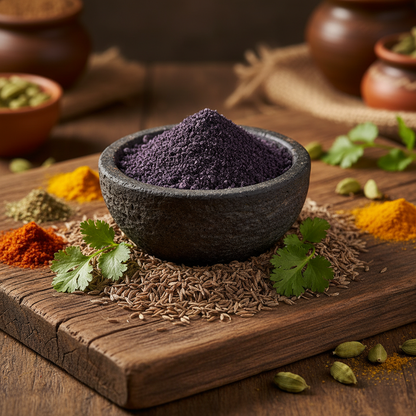 Kala Namak black salt in dark stone bowl on rustic wooden board with Indian spices and coriander