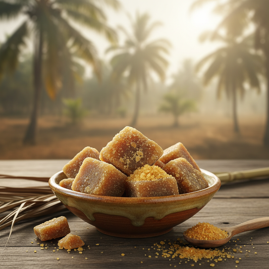 Kampong Speu palm sugar golden blocks and granules in rustic ceramic bowl on wooden table
