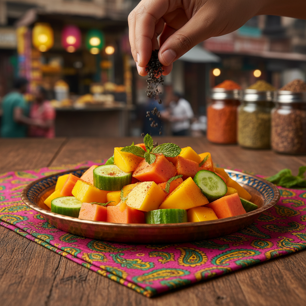 Kala Namak black salt sprinkled over fresh fruit chaat with mango papaya and cucumber