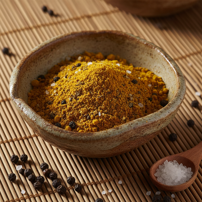 Tukmeric spice mix golden turmeric and black pepper in rustic ceramic bowl bamboo mat
