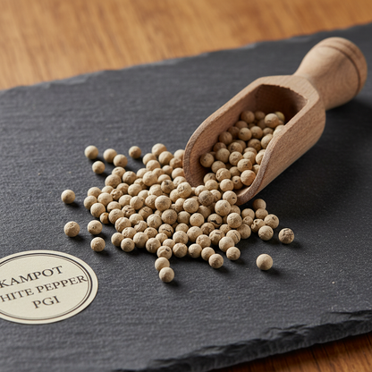 Kampot white pepper PGI peppercorns scattered on dark slate with wooden scoop