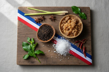 wooden board with Thai spices including lemongrass, star anise, black pepper, brown sugar, salt, dried chili, and kaffir lime leaves on tricolor ribbon