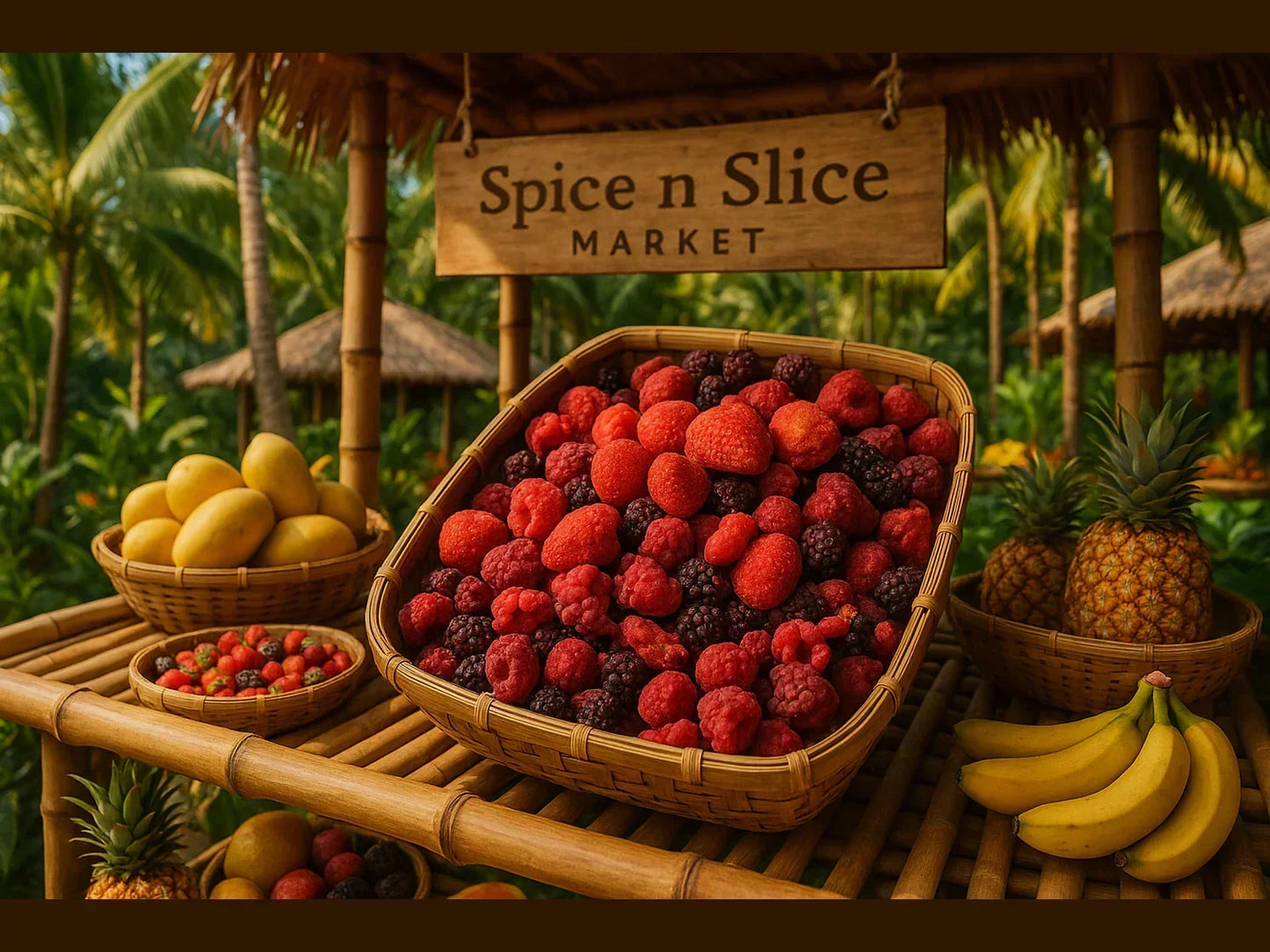 Basket of assorted organic berries, mangoes, bananas, pineapples at tropical fruit market stall