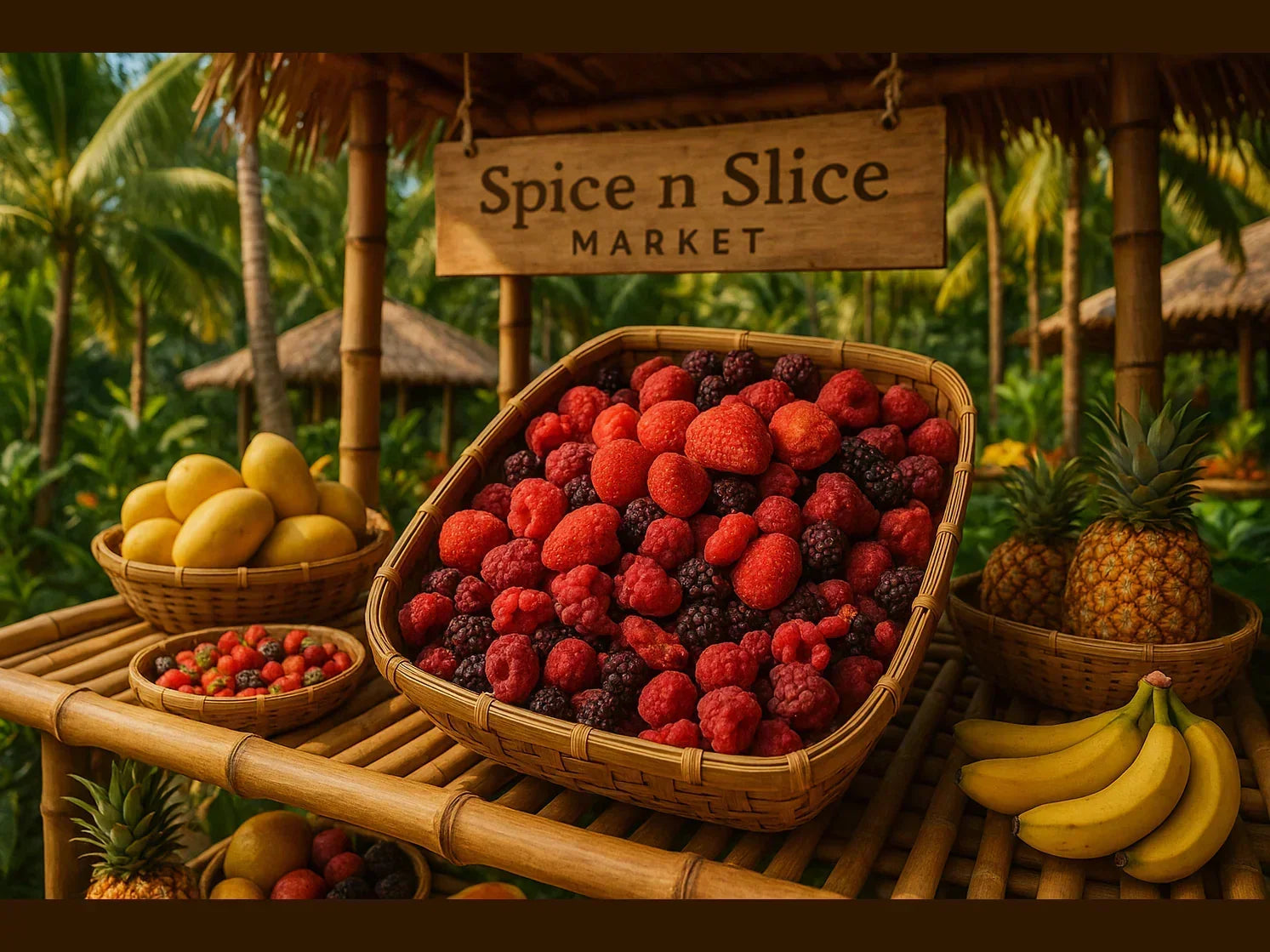 Basket of assorted organic berries, mangoes, bananas, pineapples at tropical fruit market stall
