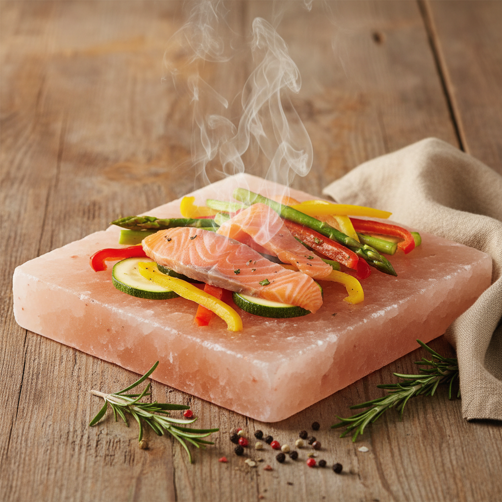 Himalayan pink salt plate XS being used for cooking with food sizzling on the warm salt block